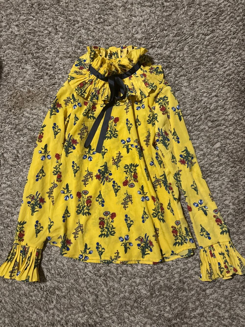 ACME Floral Blouse Long Sleeve yellow Floral Mock Neck M